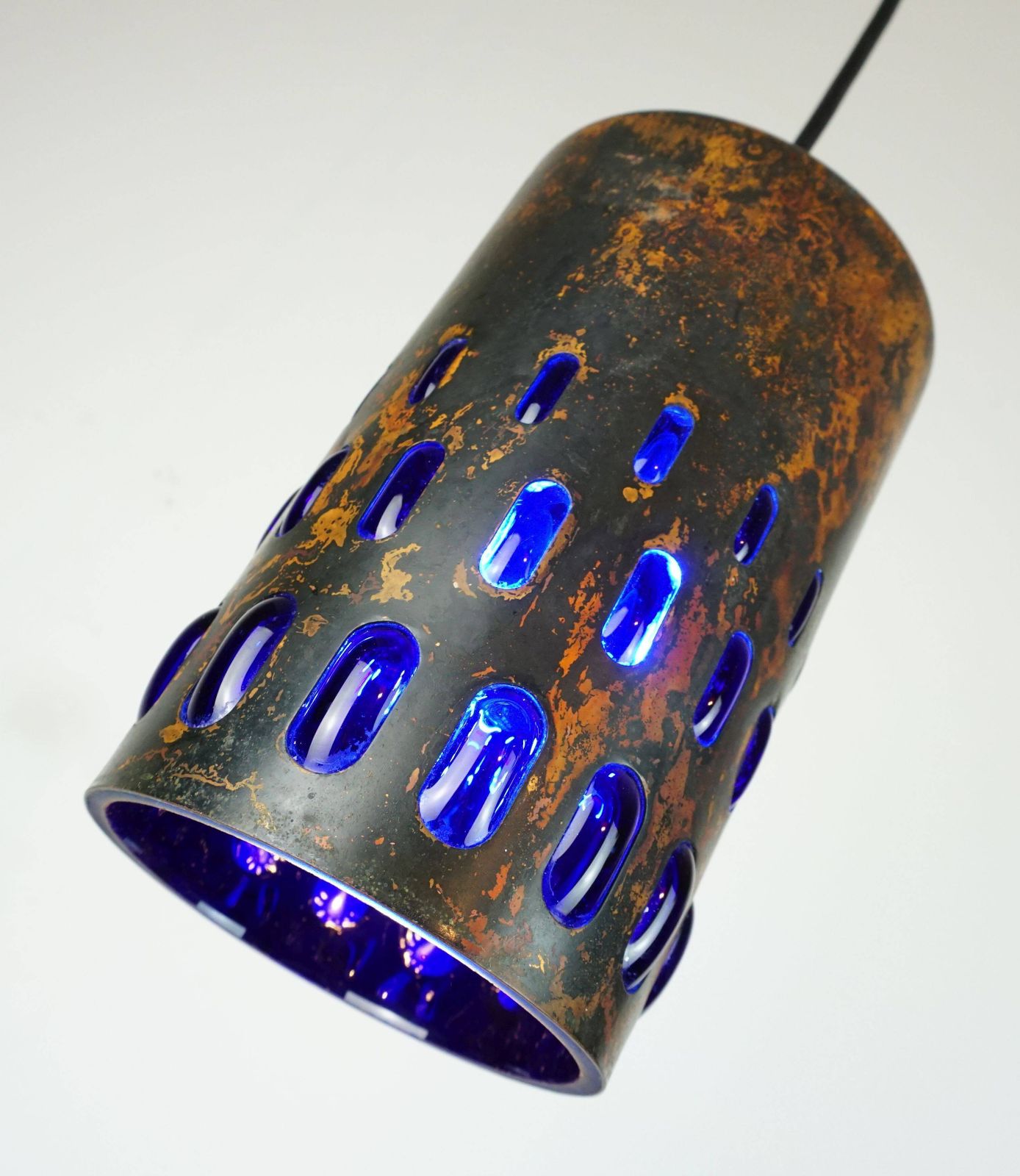 photo buy Mid Century Pendant Lamp In Flamed Copper And Blue Glass From The 1960s, 3 Available