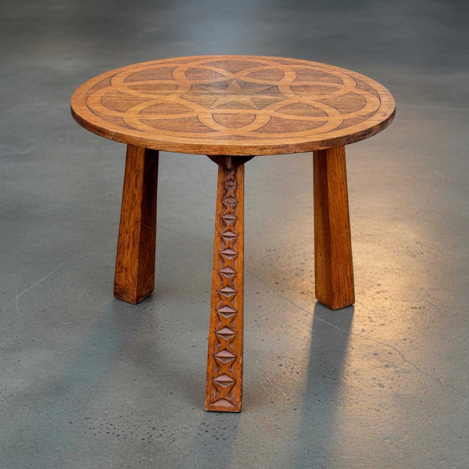 Arts & Crafts Oak Side Table: Carved Geometric Top, Chip Carved Legs
