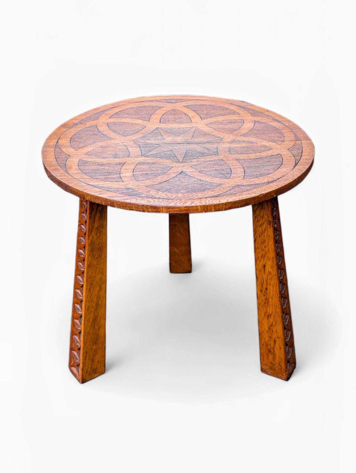 Arts & Crafts Oak Side Table: Carved Geometric Top, Chip Carved Legs photo Furniture