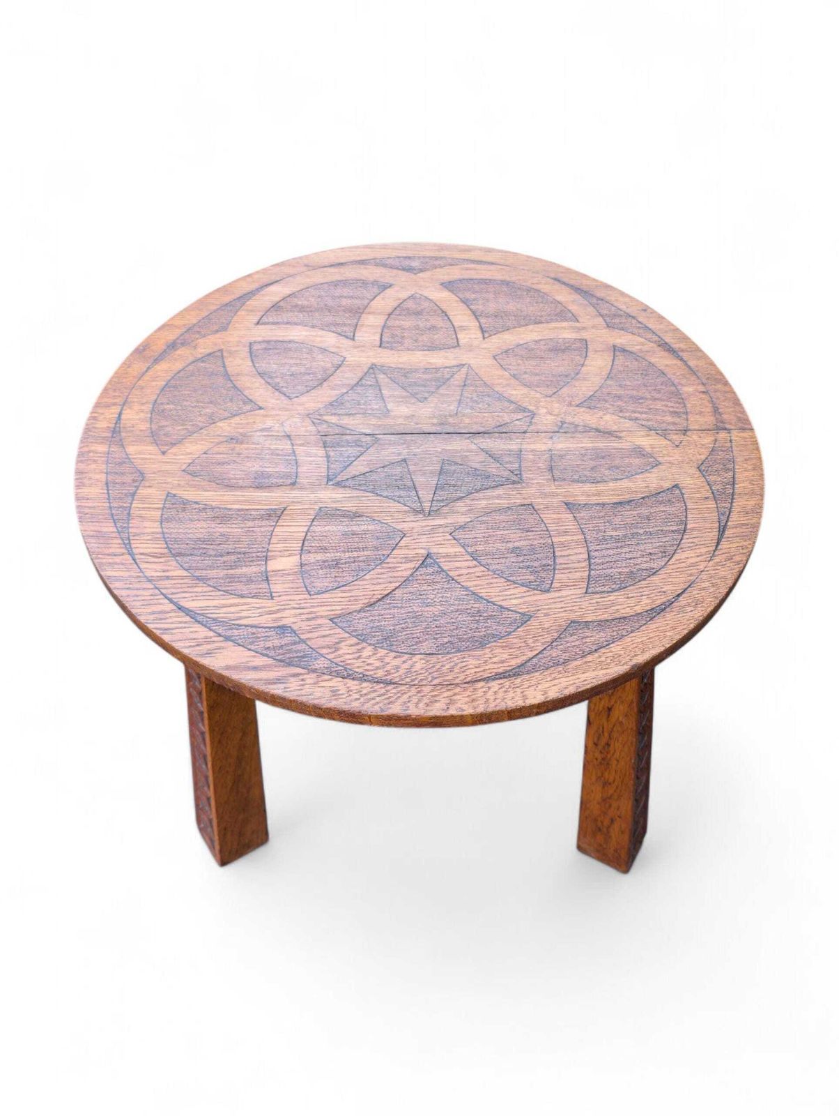 Arts & Crafts Oak Side Table: Carved Geometric Top, Chip Carved Legs photo 295.0