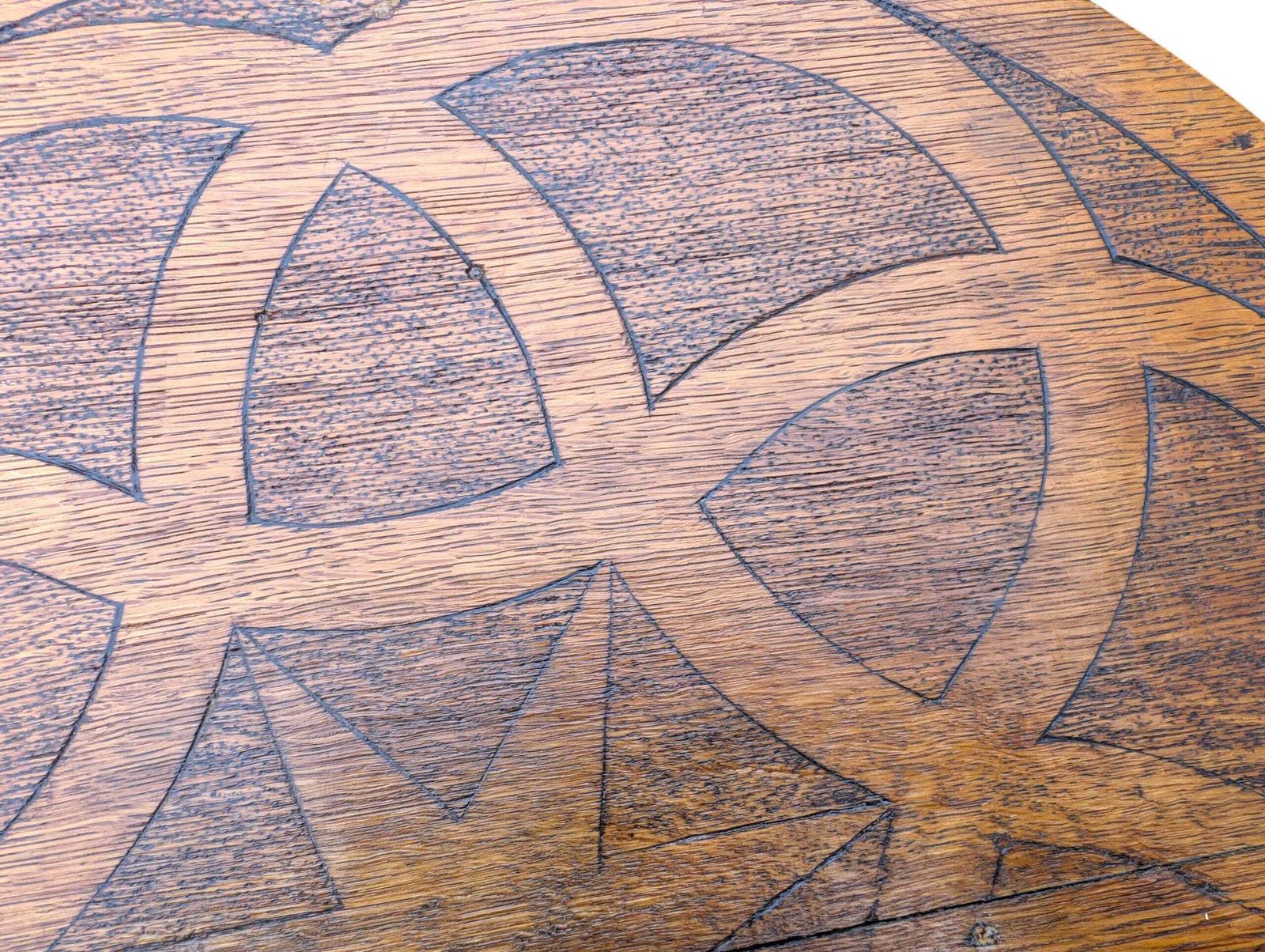 Arts & Crafts Oak Side Table: Carved Geometric Top, Chip Carved Legs photo buy