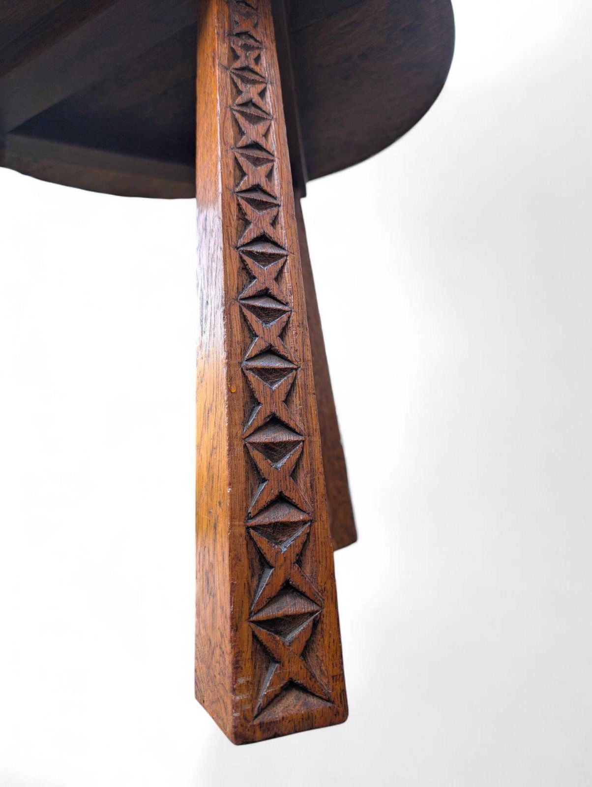 Arts & Crafts Oak Side Table: Carved Geometric Top, Chip Carved Legs photo vintage