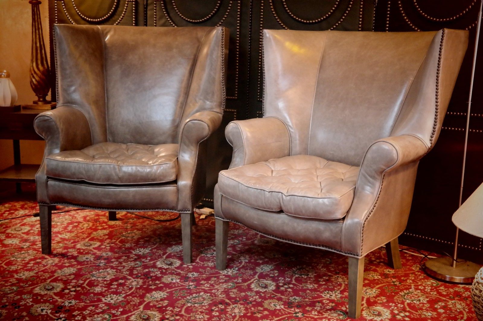 Pair Ralph Lauren Restoration Hardware Drake Cigar Leather Armchairs Granite 🚚 photo furniture