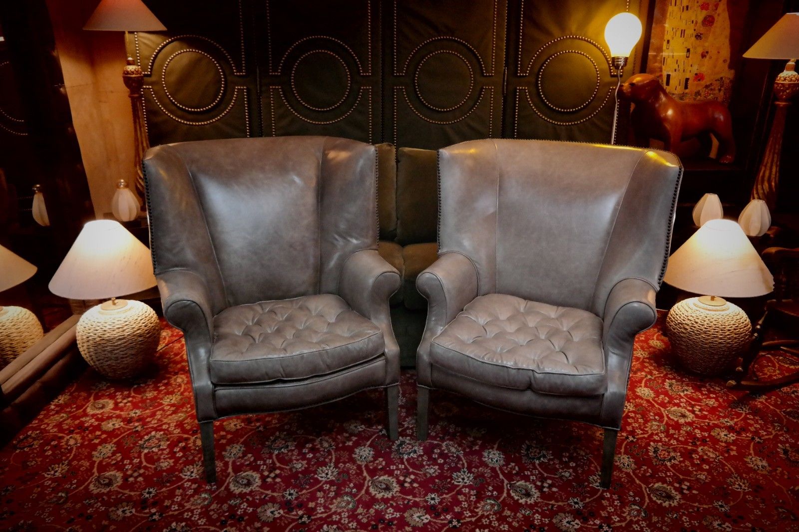 Pair Ralph Lauren Restoration Hardware Drake Cigar Leather Armchairs Granite 🚚 photo vinterior