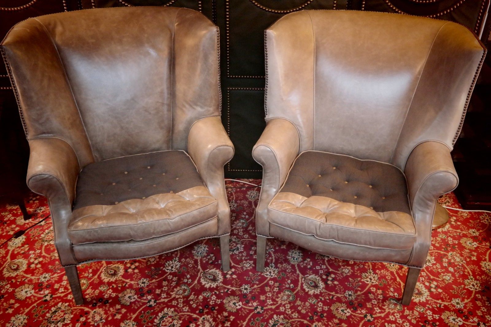 3800.0 Pair Ralph Lauren Restoration Hardware Drake Cigar Leather Armchairs Granite 🚚 photo