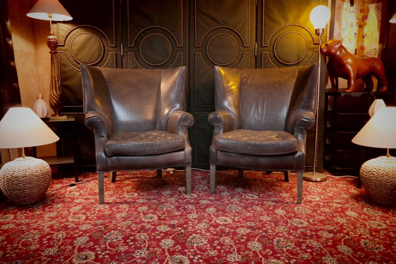 Pair Ralph Lauren Restoration Hardware Drake Cigar Leather Armchairs Graphite 🚚 photo furniture