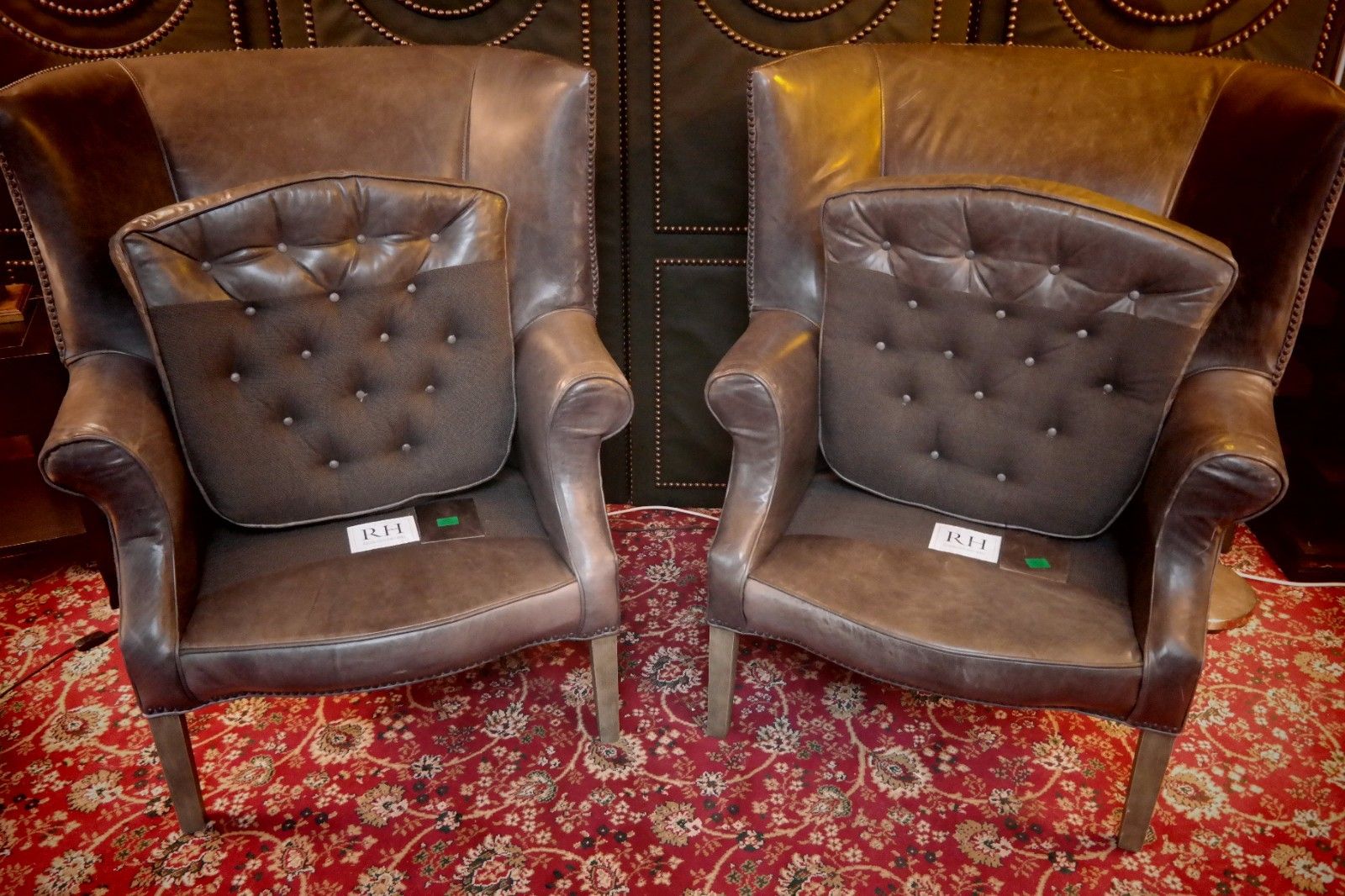 Pair Ralph Lauren Restoration Hardware Drake Cigar Leather Armchairs Graphite 🚚 photo vinterior
