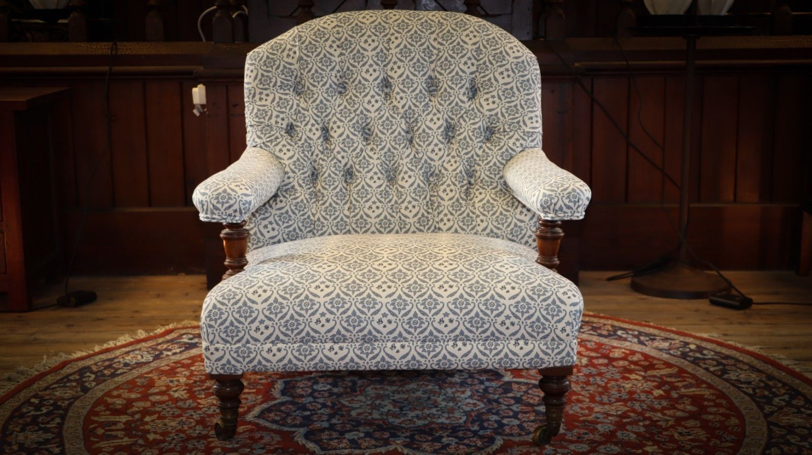 photo furniture Howard & Sons Buttoned Open Armchair In Ticking Fabric