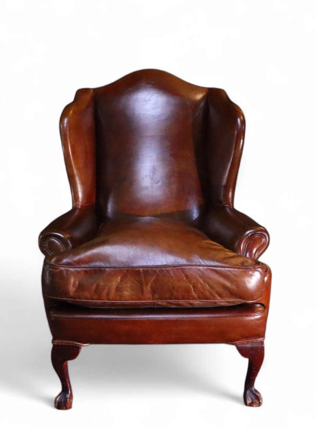 Superb Antique Leather Wingback Club Library Fireside Armchair Whisky Tan Del 🚚