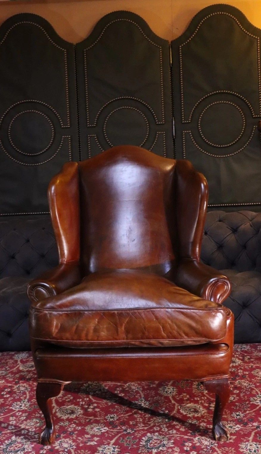 Superb Antique Leather Wingback Club Library Fireside Armchair Whisky Tan Del 🚚 photo 1200.0
