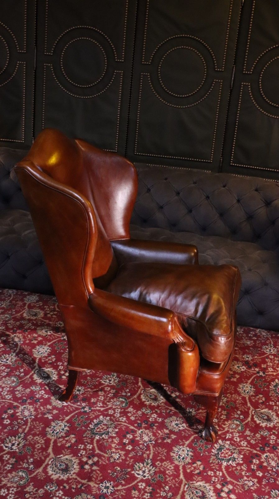 photo vinterior Superb Antique Leather Wingback Club Library Fireside Armchair Whisky Tan Del 🚚