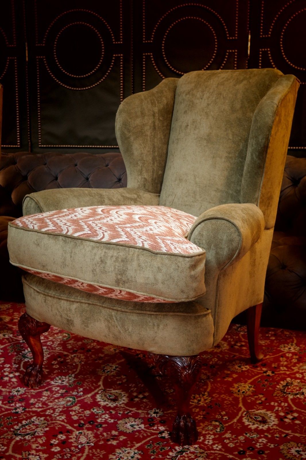 Superb Pair Victorian Style Ball & Claw Feet Wingback Armchairs Nobalis Bargello photo 2500.0