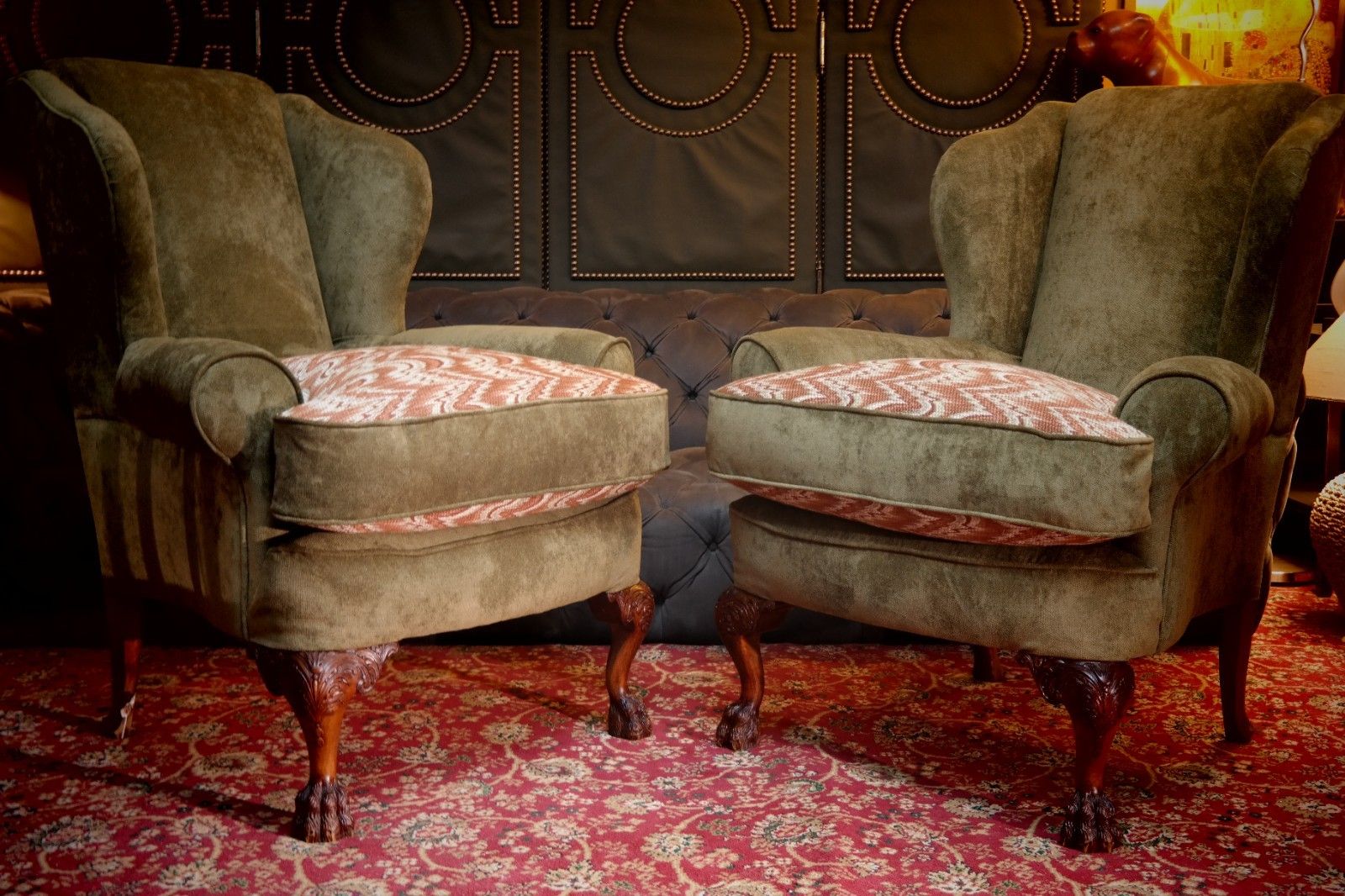 photo furniture Superb Pair Victorian Style Ball & Claw Feet Wingback Armchairs Nobalis Bargello