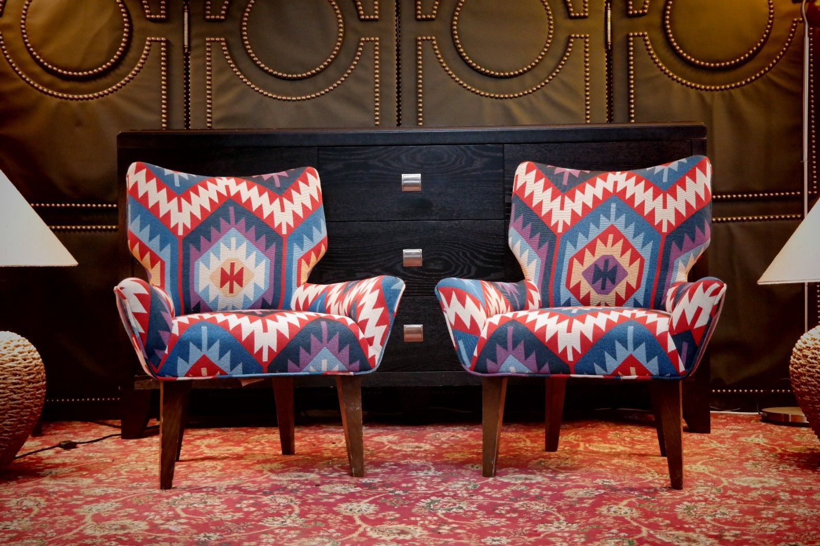 Pair George Smith Bedroom Nursing Kilim Under Wndow Armchairs Blue Red Rrp£11600 photo for sale
