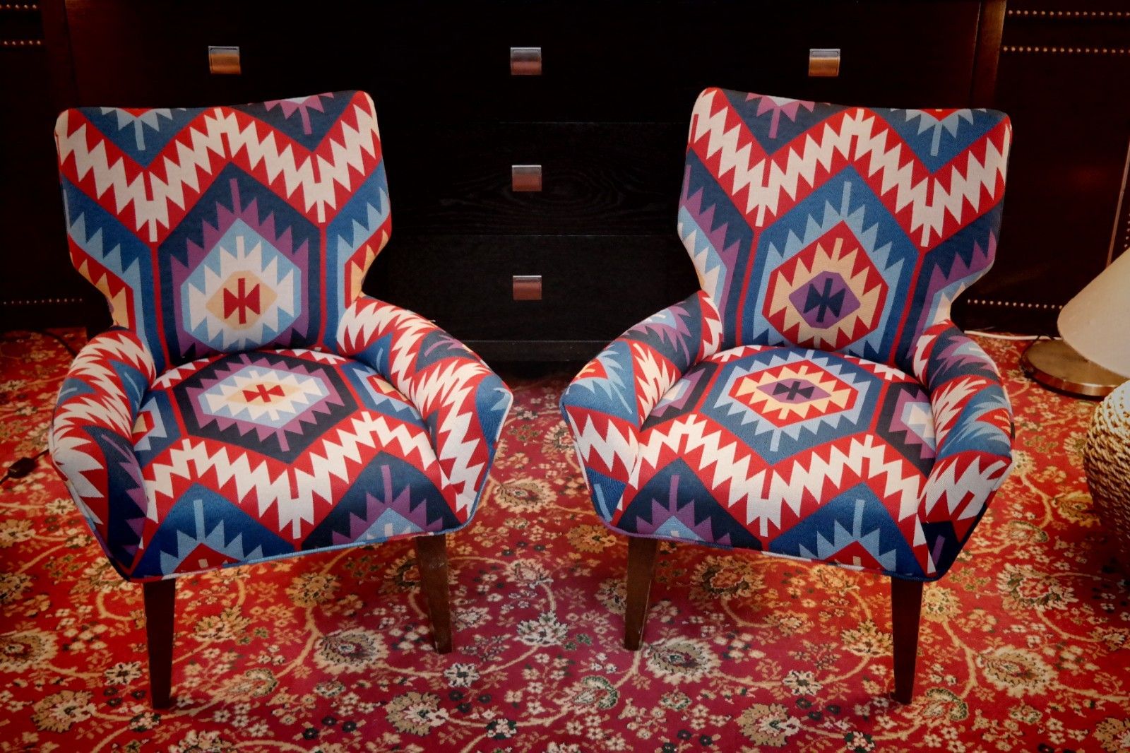 Pair George Smith Bedroom Nursing Kilim Under Wndow Armchairs Blue Red Rrp£11600 photo 2800.0