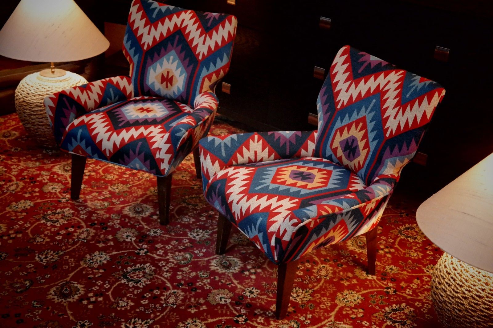 Pair George Smith Bedroom Nursing Kilim Under Wndow Armchairs Blue Red Rrp£11600 photo buy