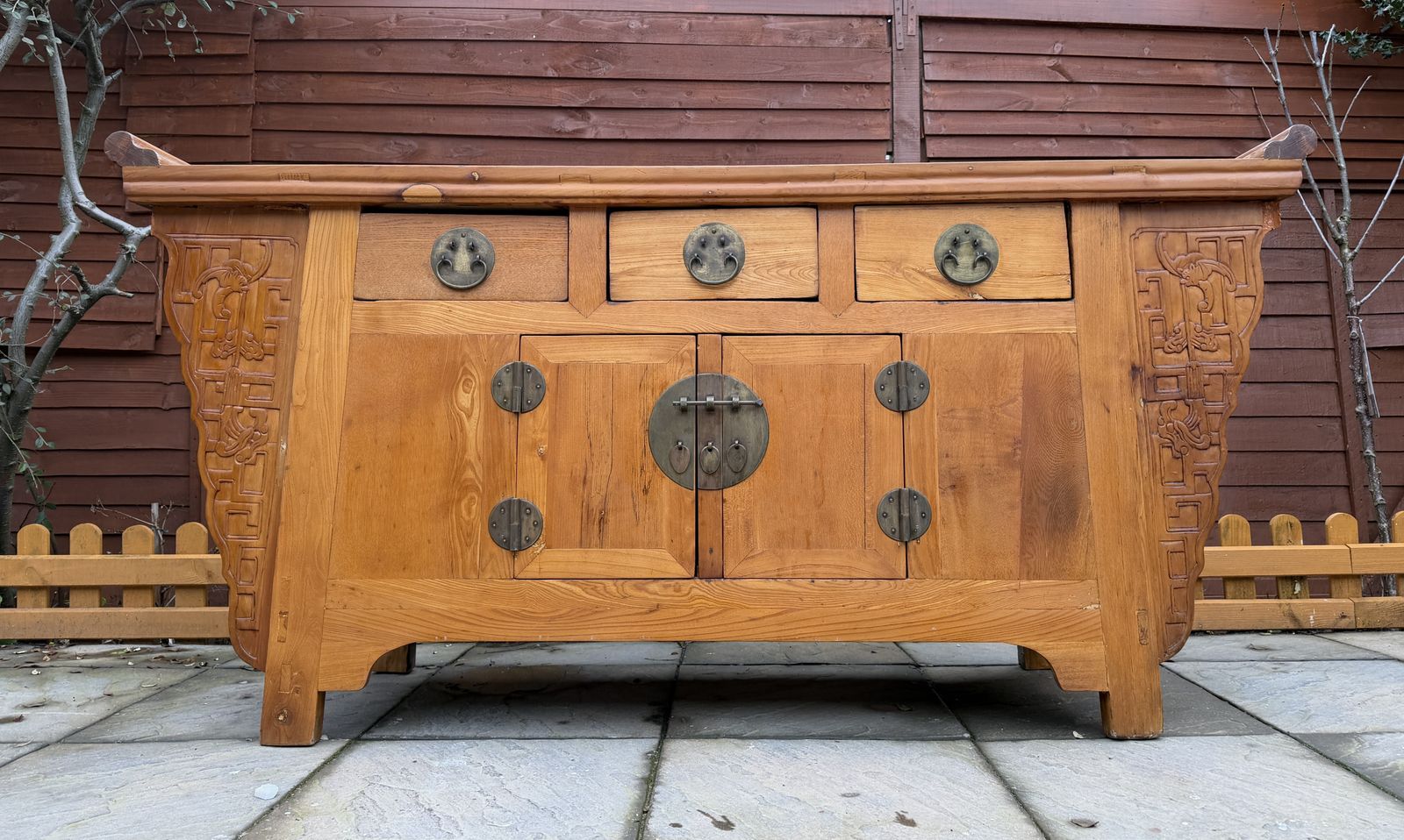 19th Century Qing Dynasty Style Natural Wood Carved Spandrel Sideboard – Good Condition photo furniture
