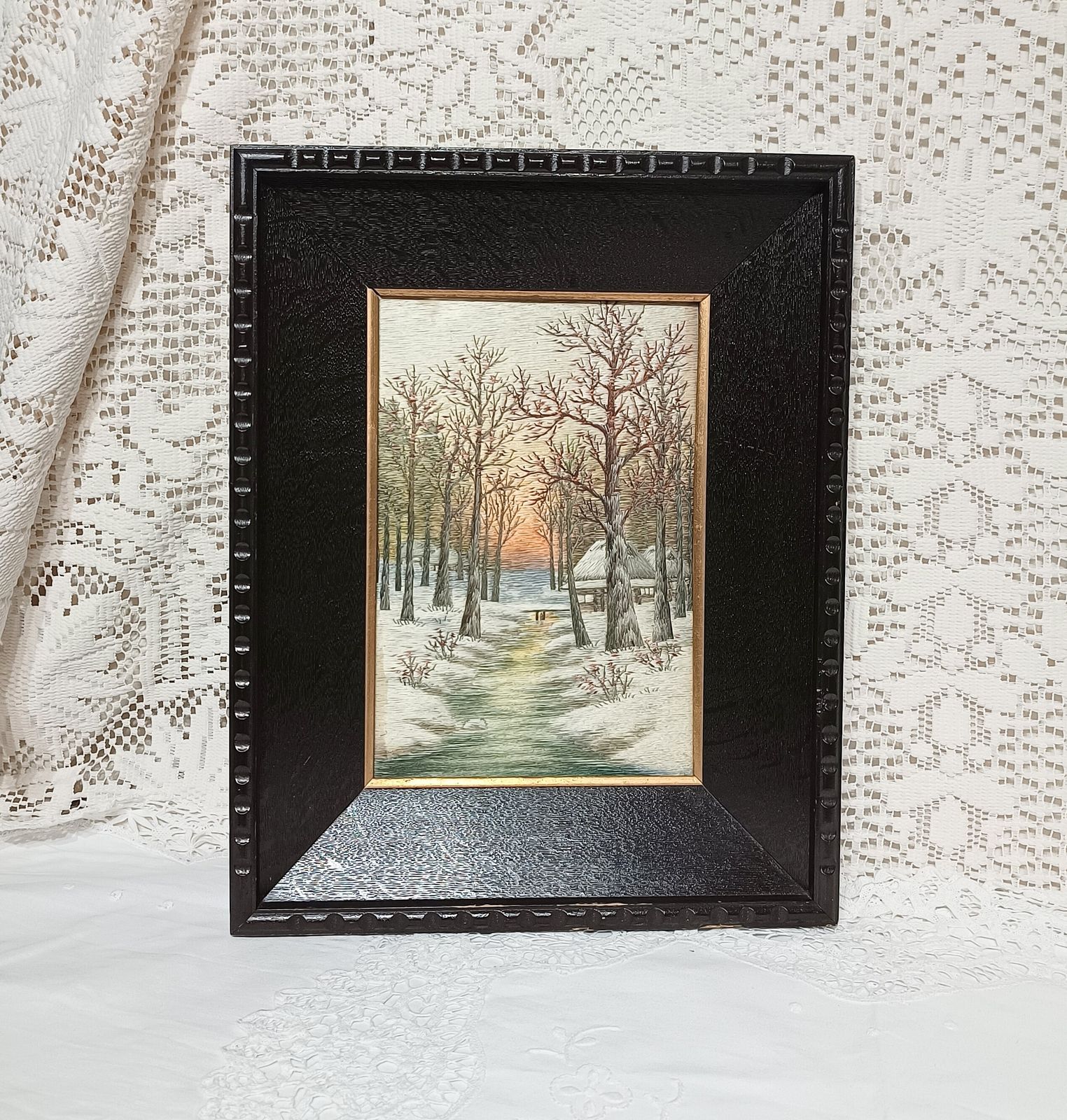 Antique Silk Shading Embroidery Picture Snow Scene,Black Wooden Frame. photo furniture