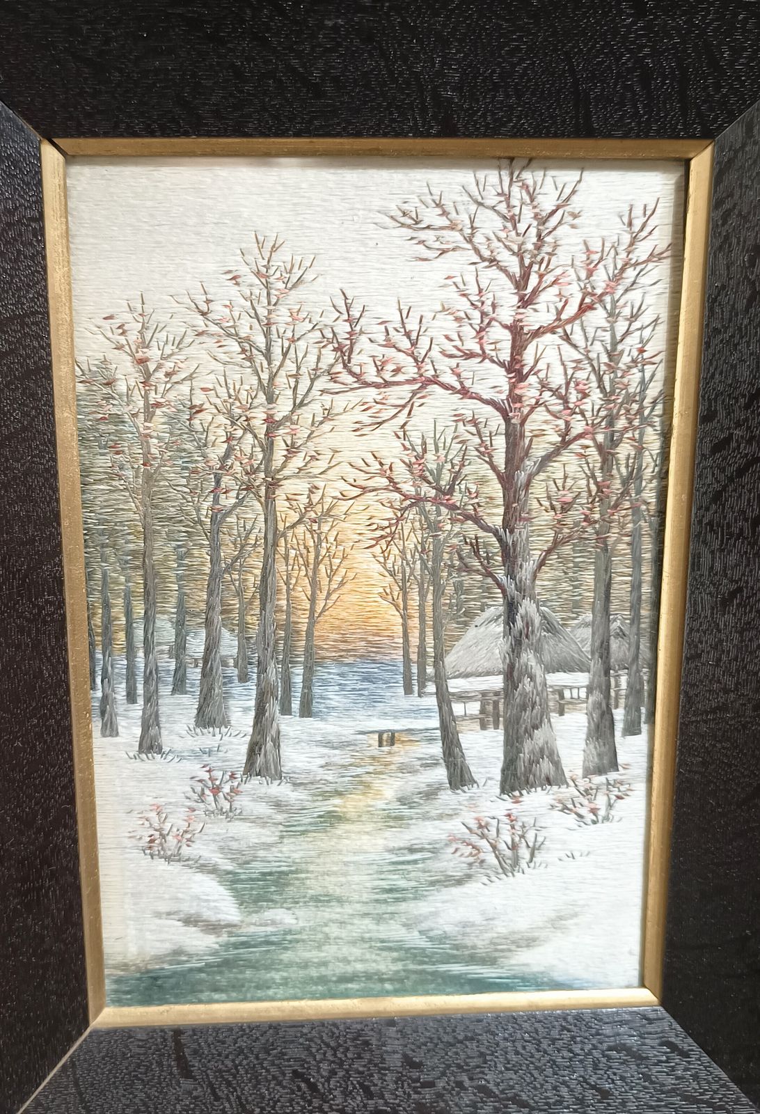Antique Silk Shading Embroidery Picture Snow Scene,Black Wooden Frame. photo Art