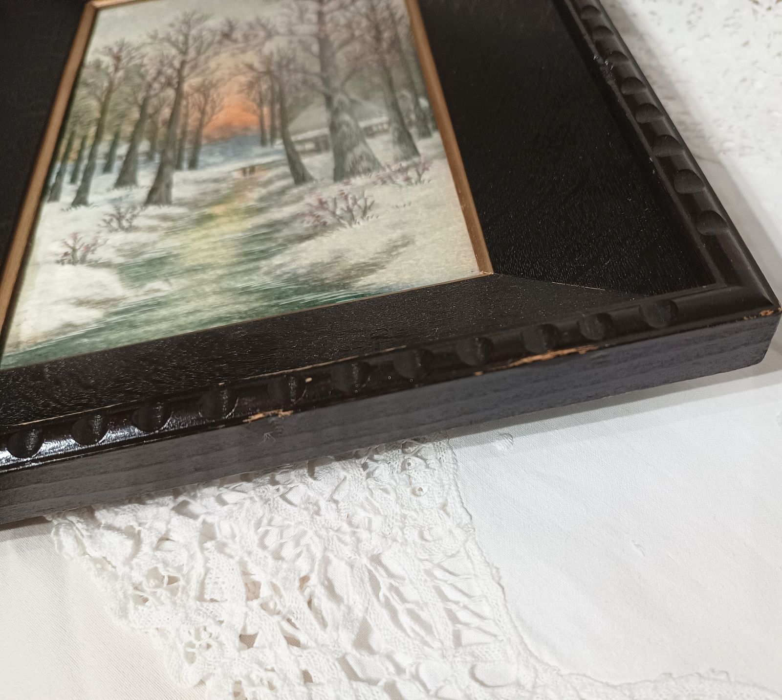 Antique Silk Shading Embroidery Picture Snow Scene,Black Wooden Frame. photo vintage