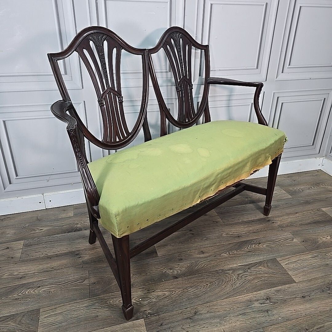 Antique Mahogany Double Chair Salon Settee Hepplewhite Sheraton Revival Shield photo for sale