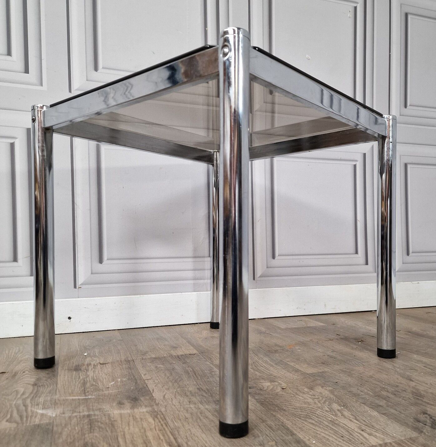 Retro Coffee Side Table Chrome Smoked Glass Vintage Mid Century Modern photo for sale