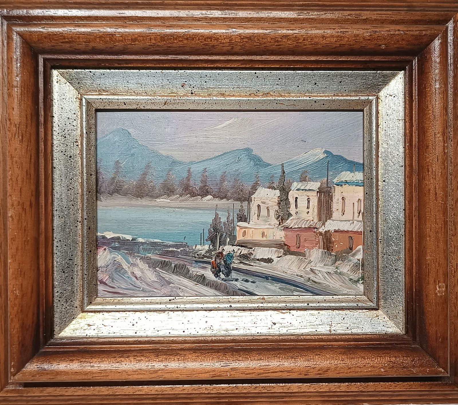 Small Oil Painting Mountain Village Landscape Imprestionist Style Framed. photo for sale