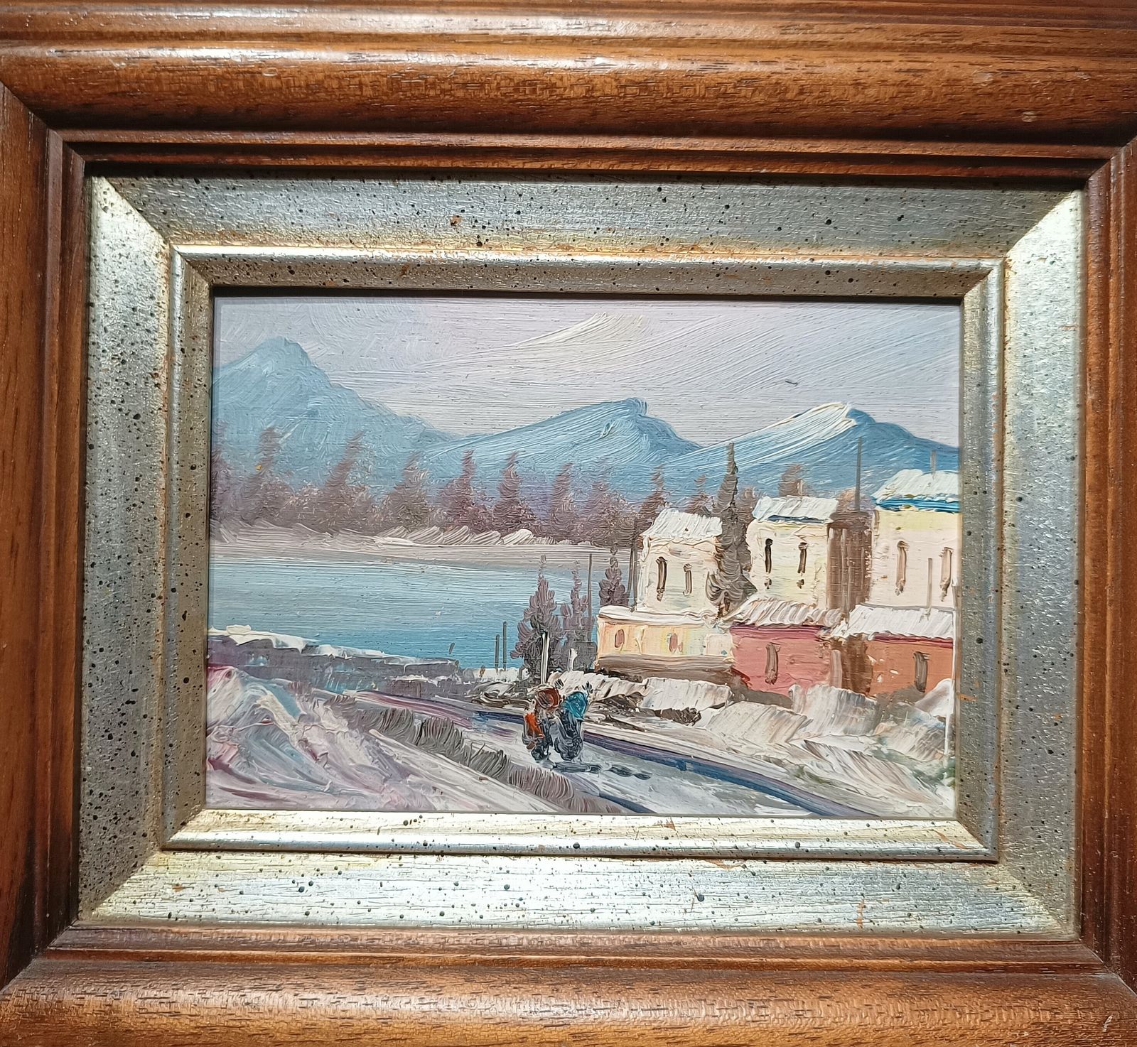 Small Oil Painting Mountain Village Landscape Imprestionist Style Framed. photo vintage