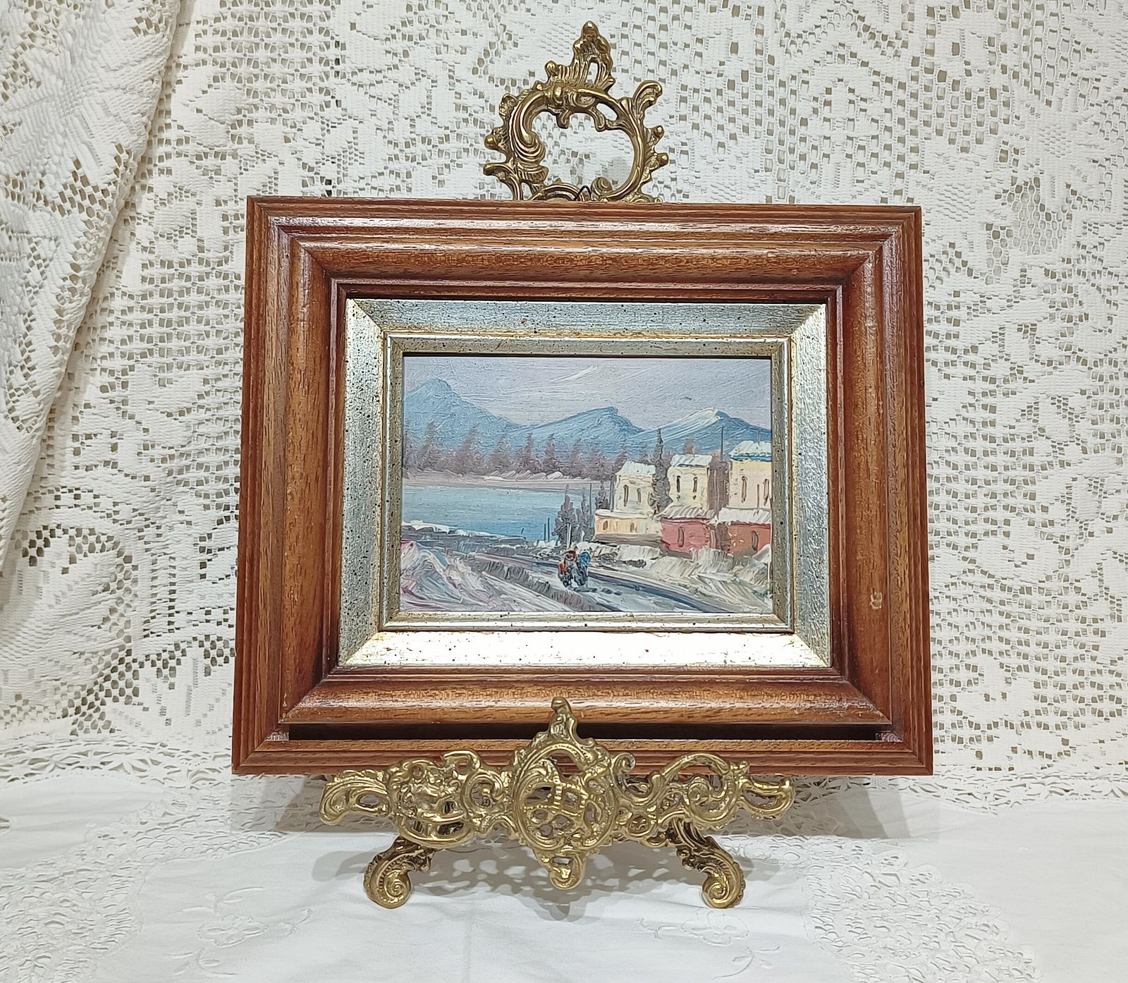 Small Oil Painting Mountain Village Landscape Imprestionist Style Framed.