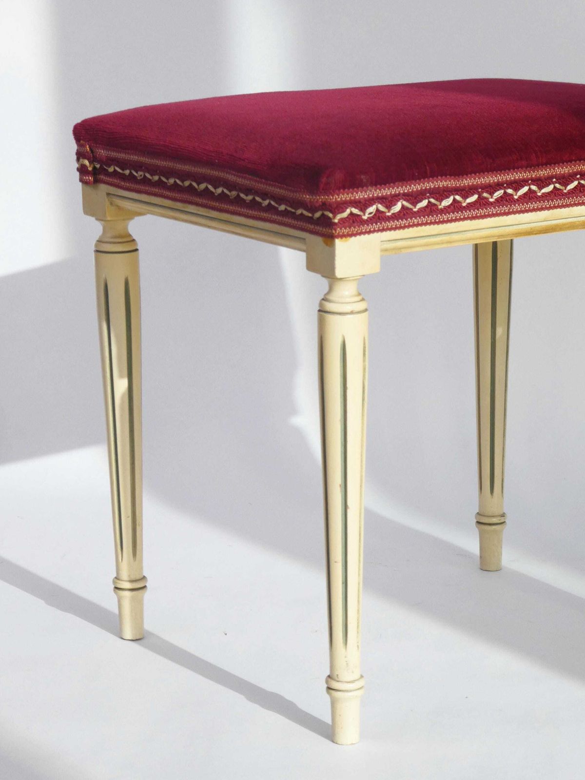 French Louis XVI Style Wooden Bench With Red Velvet, Carved Small Stool photo furniture