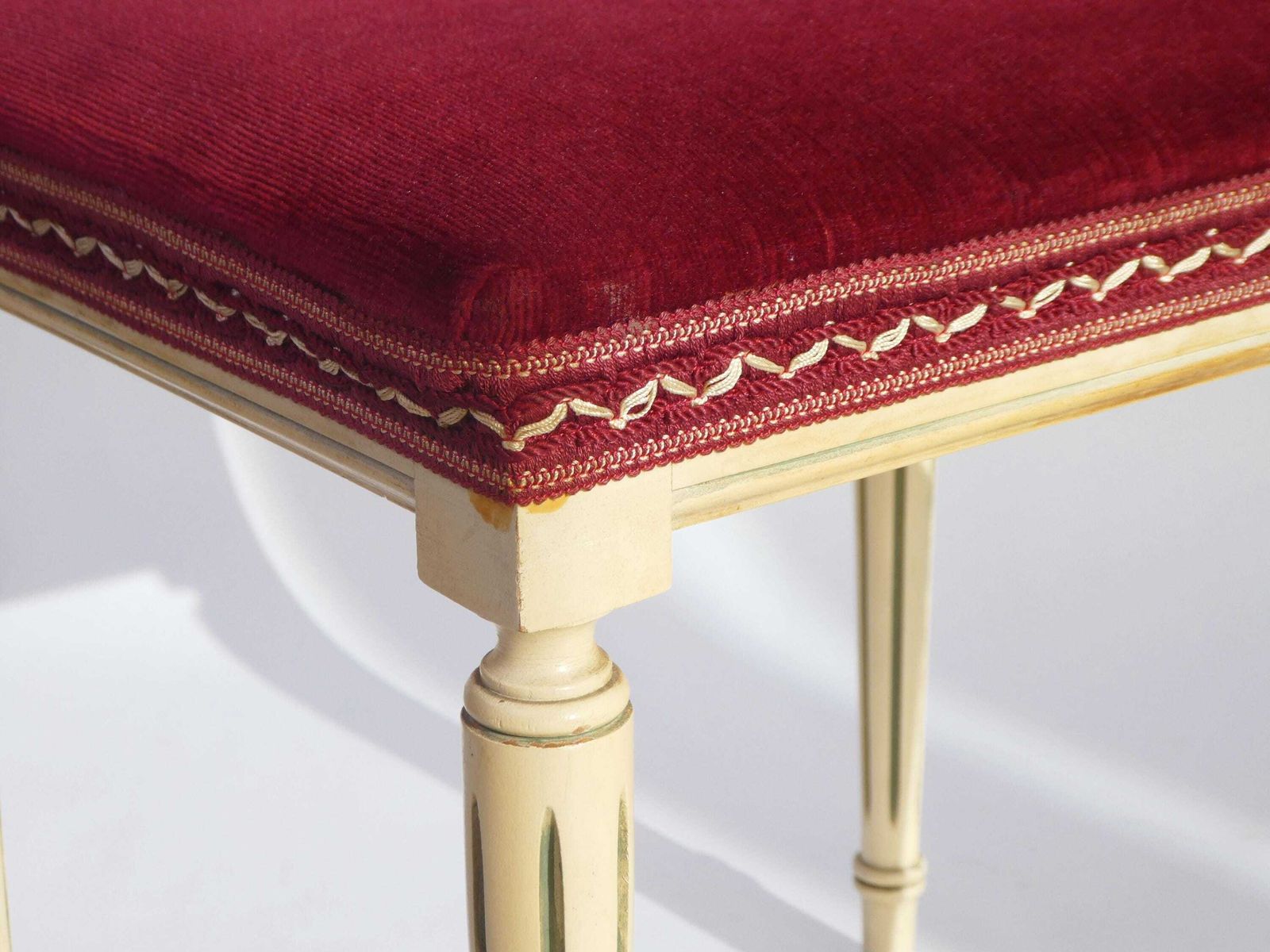 French Louis XVI Style Wooden Bench With Red Velvet, Carved Small Stool photo Furniture