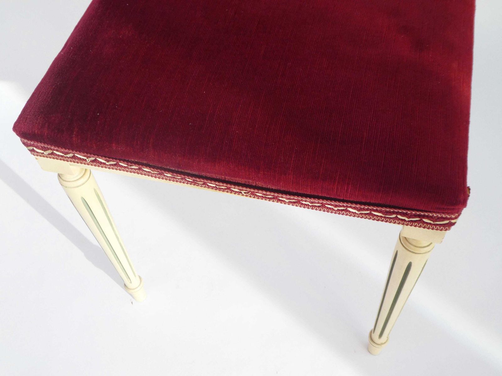 French Louis XVI Style Wooden Bench With Red Velvet, Carved Small Stool photo vinterior