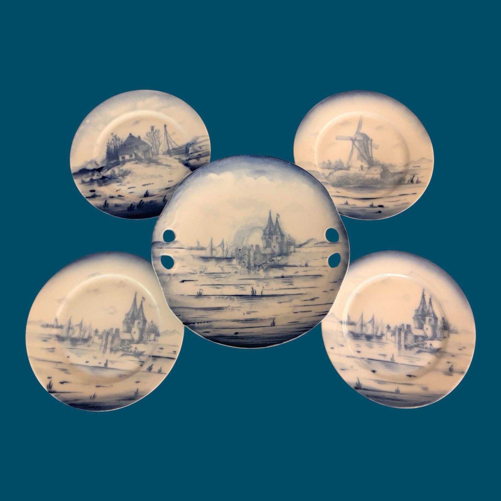 Antique Victoria Carlsbad Austria Blue & White Scenic Plates Set | Porcelain C.1891–1918 | Delft Style Landscape Design