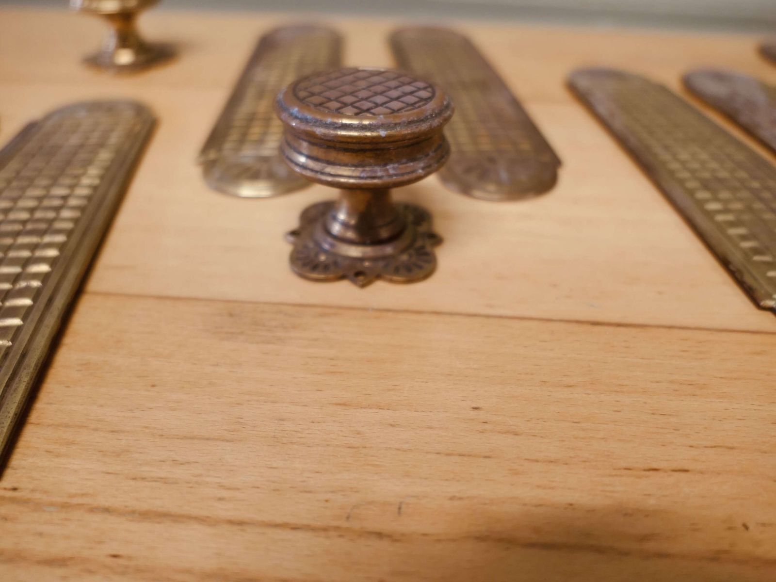 A Set Of Heavy Arts And Crafts Brass Door Finger Plates And Knobs photo for sale