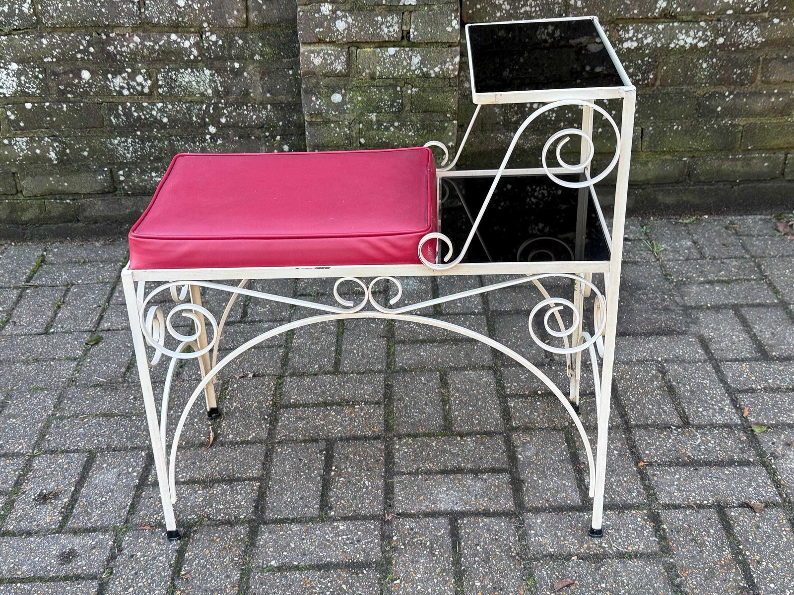 Vintage Cream Scrollwork, Wrought Iron Telephone Table With Red Vinyl Seat And Smoky Glass Shelves, Mid Century Hallway Accent Furniture photo furniture
