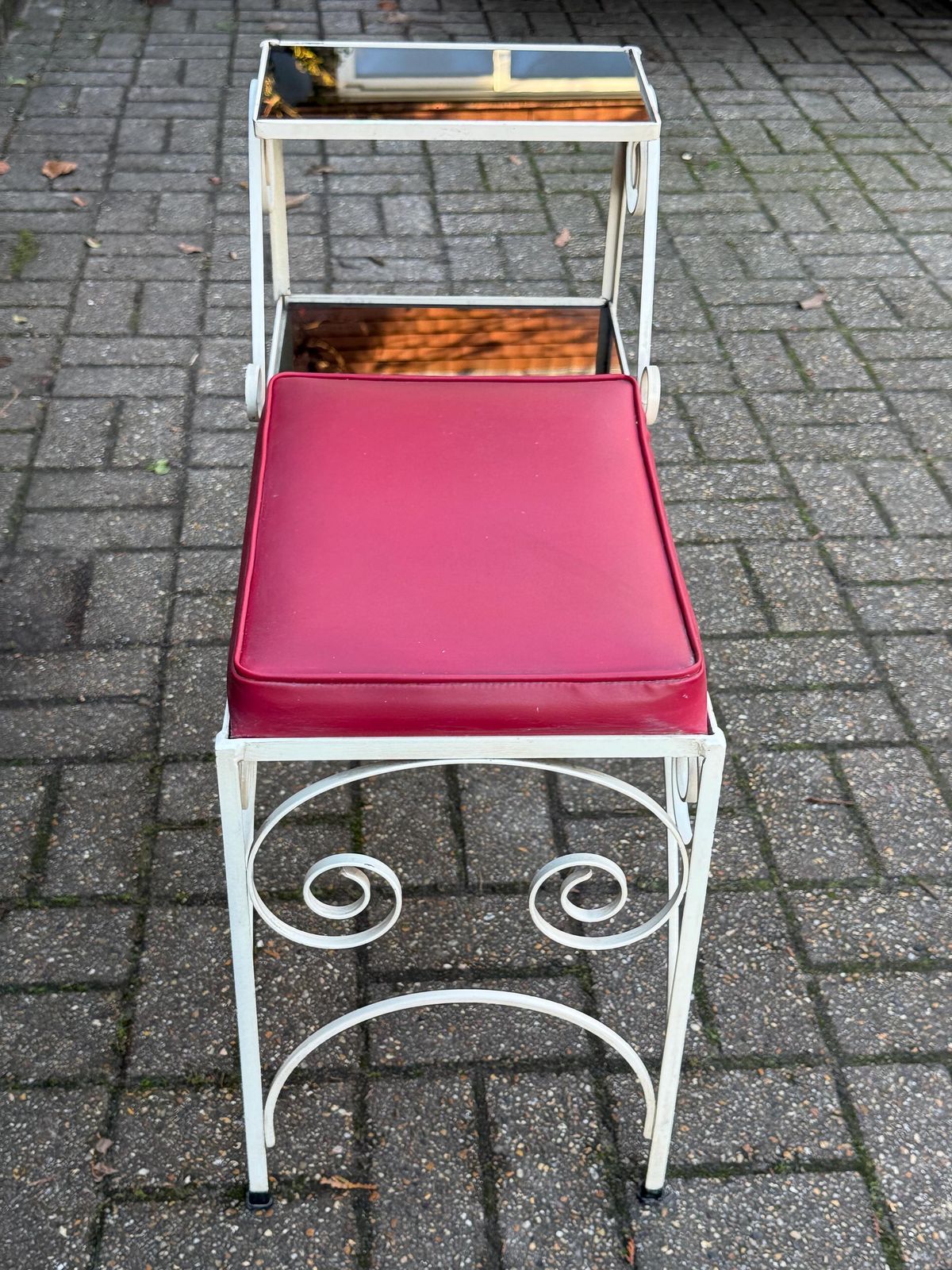 Vintage Cream Scrollwork, Wrought Iron Telephone Table With Red Vinyl Seat And Smoky Glass Shelves, Mid Century Hallway Accent Furniture photo for sale