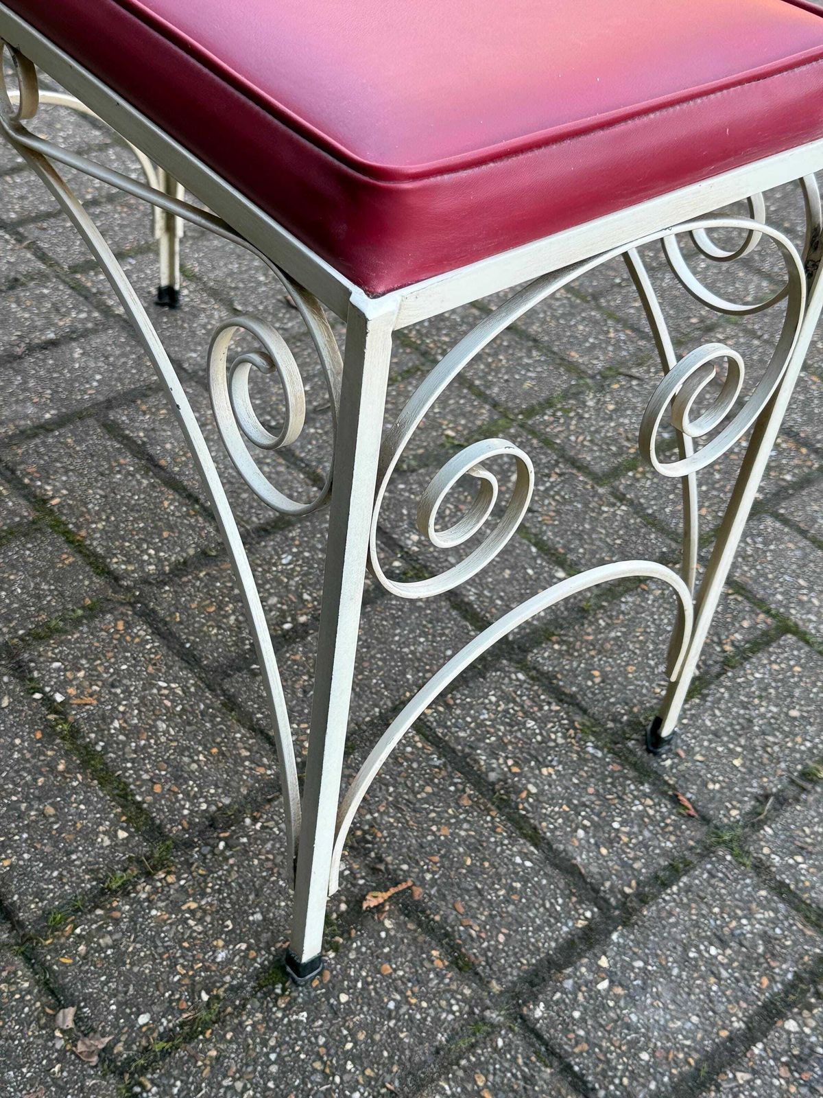photo buy Vintage Cream Scrollwork, Wrought Iron Telephone Table With Red Vinyl Seat And Smoky Glass Shelves, Mid Century Hallway Accent Furniture