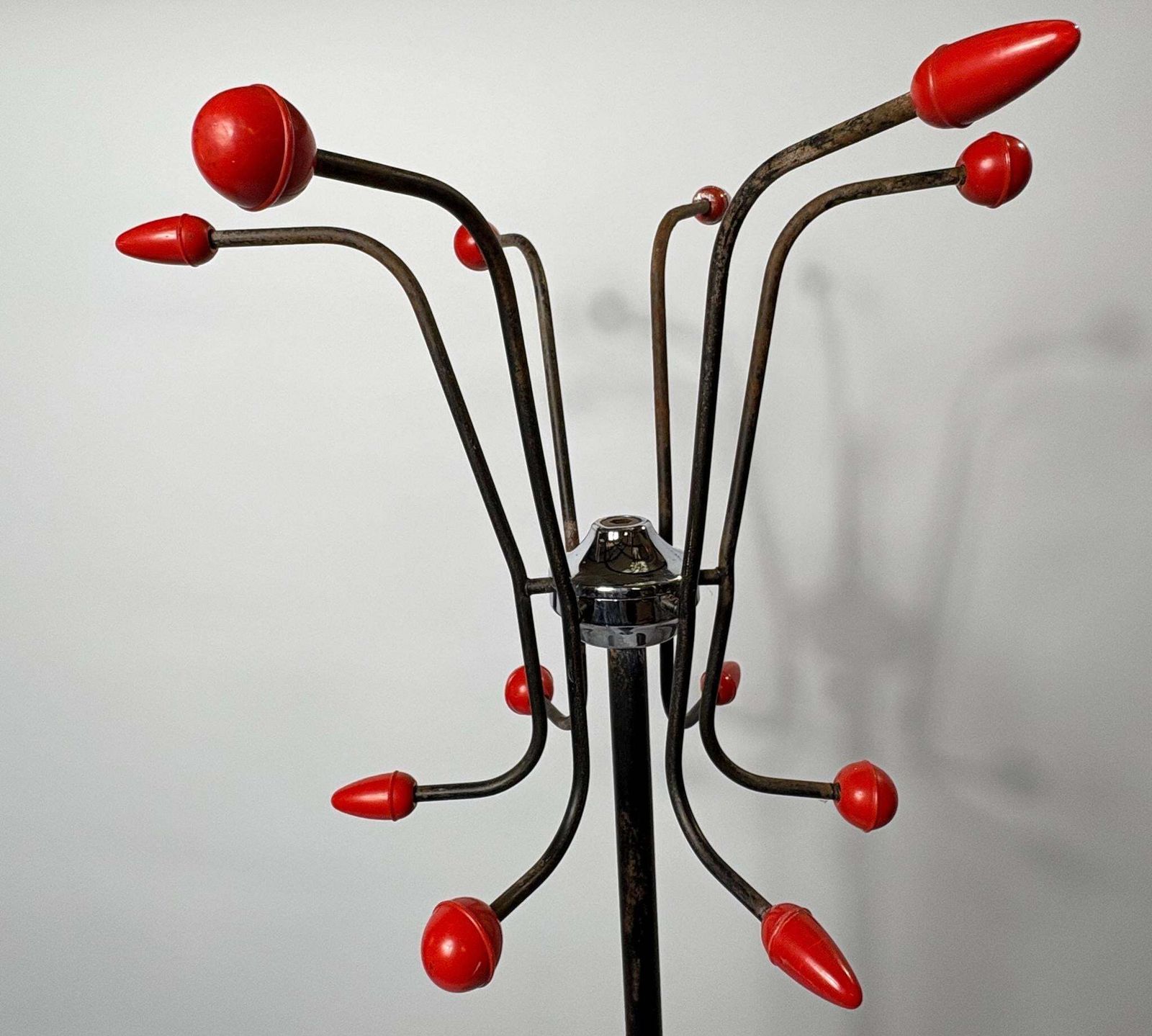 Sputnik Coat & Umbrella Stand With Red Rocket Finials  1950s French “Atomic”  Manner Of Roger Feraud photo for sale