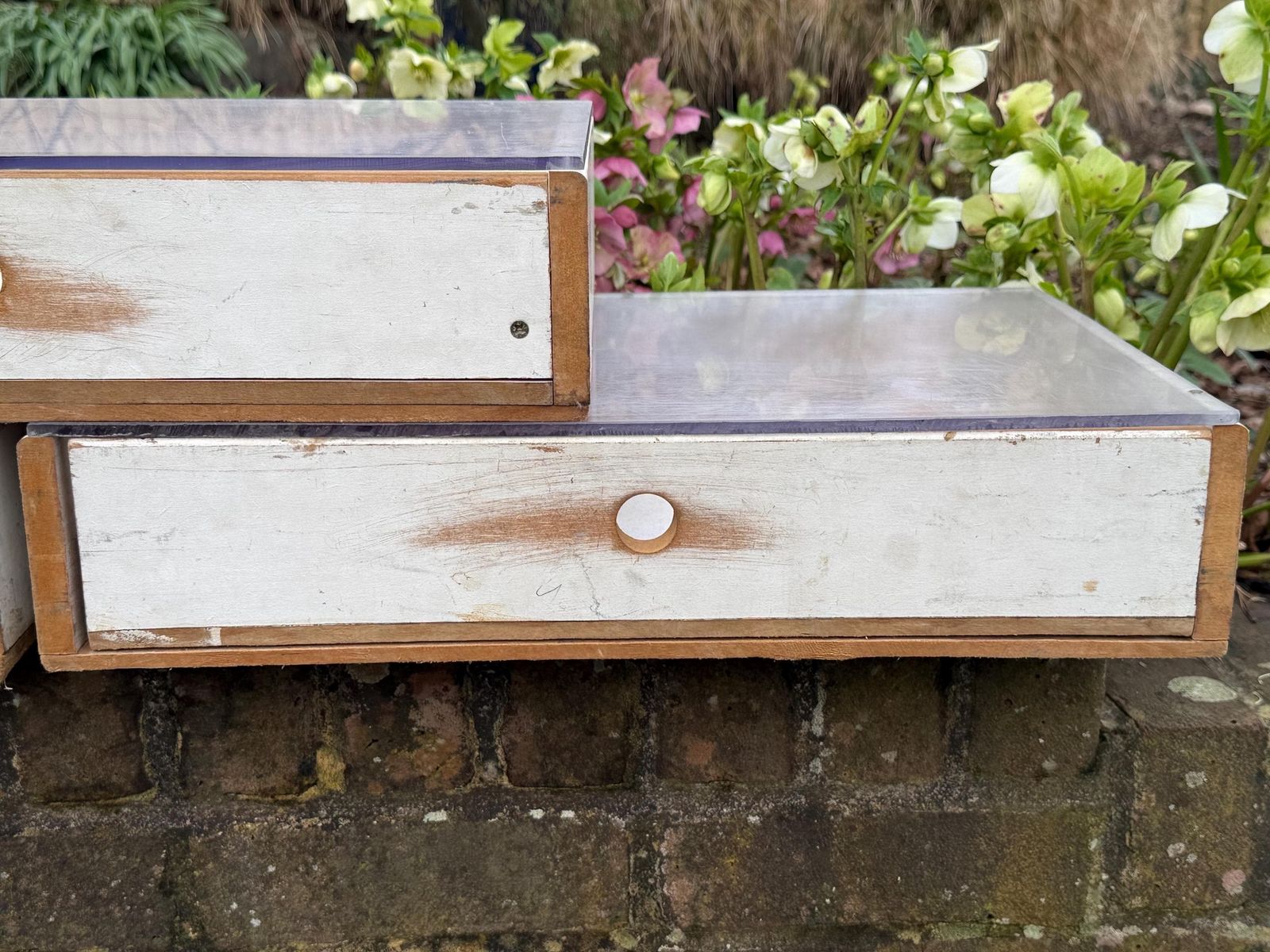 Large Vintage Utilitarian Industrial Wooden Drawer Display Units With Frosted Acrylic Tops, Circa 70s 80s photo buy