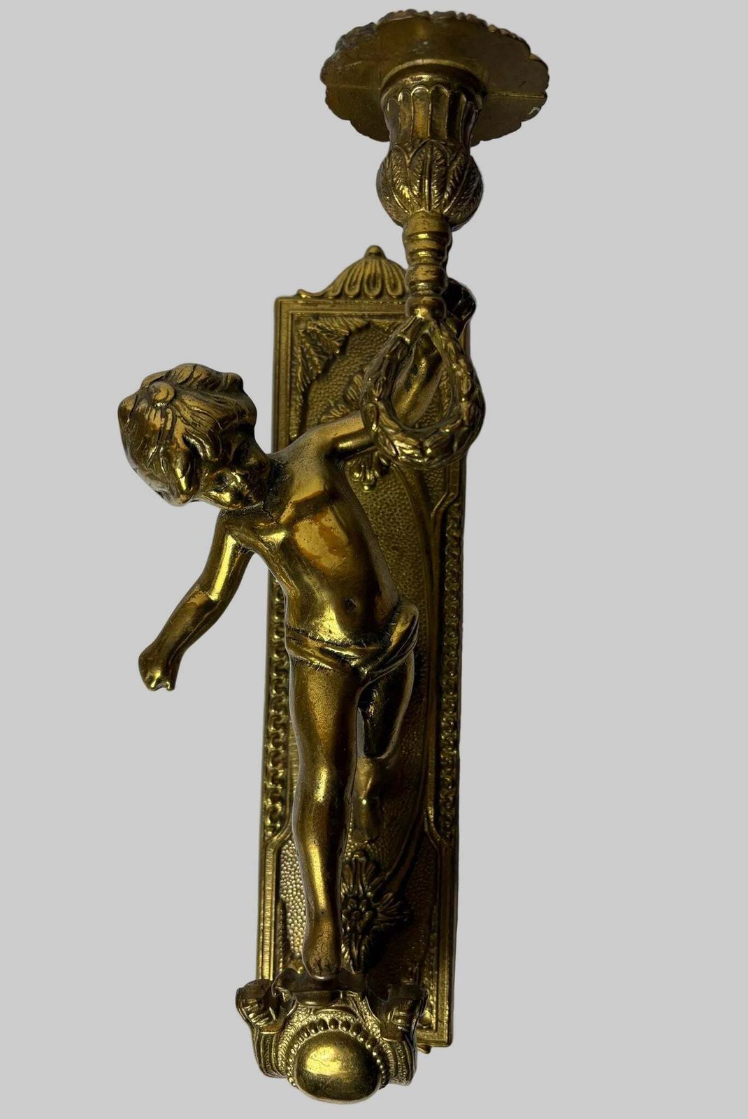 Pair Of Antique Gilt Brass Figural Wall Sconces / Candle Style Wall Lights (31cm) photo furniture