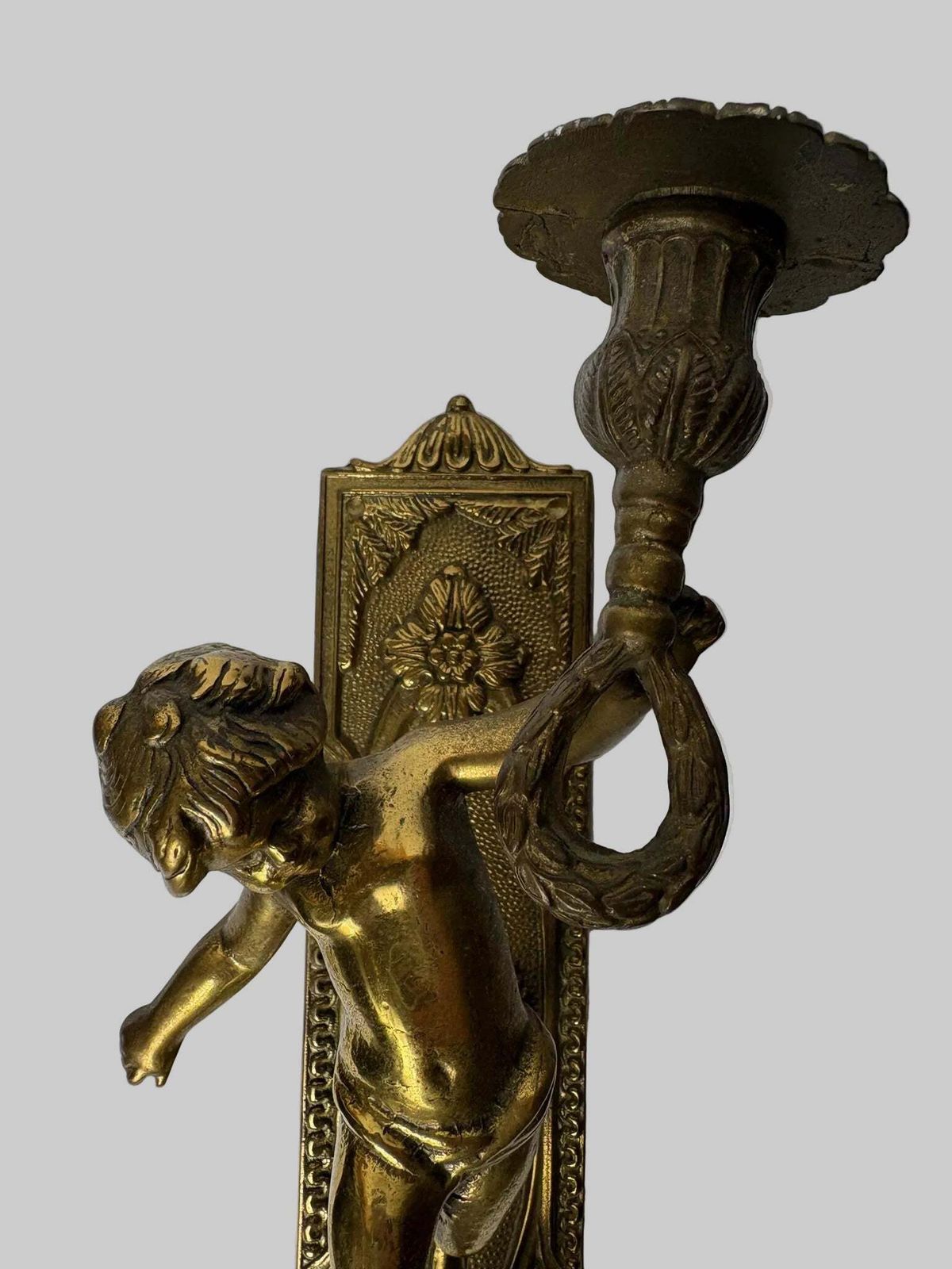 Pair Of Antique Gilt Brass Figural Wall Sconces / Candle Style Wall Lights (31cm) photo vintage