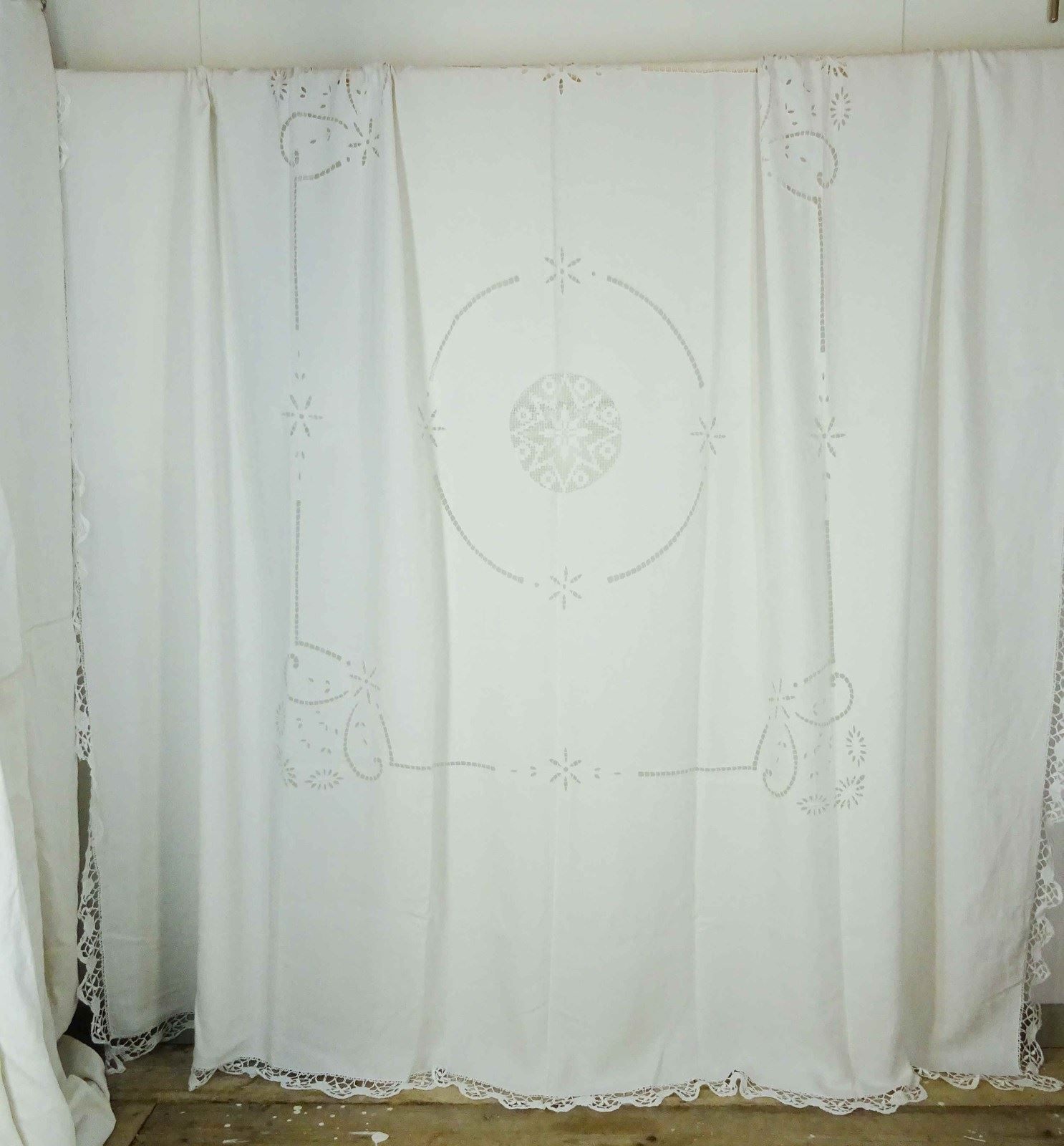 Lace Edged Linen Bedspread, Tablecloth, Curtain