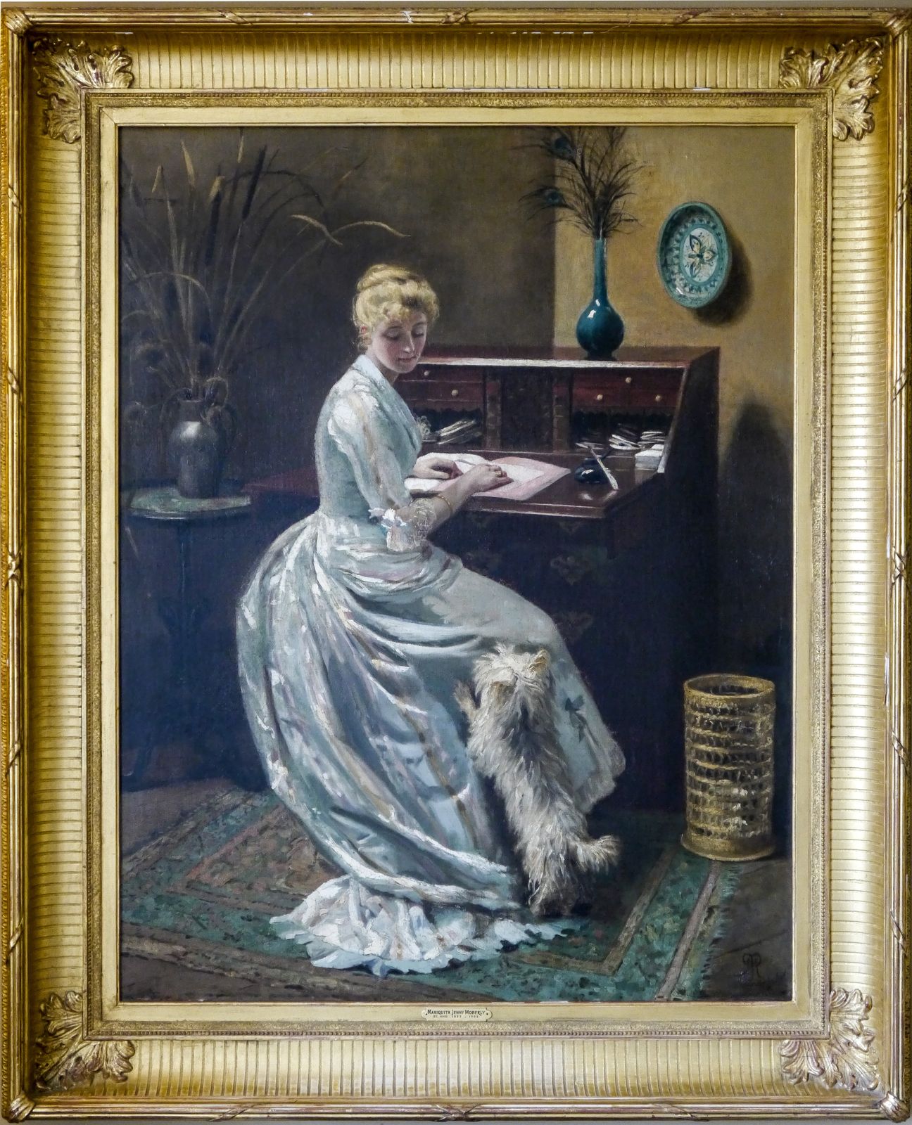 'An Interruption' Lady With Her Highland Terrier Dog. Oil On Canvas By Mariquita Jenny Moberly. photo furniture
