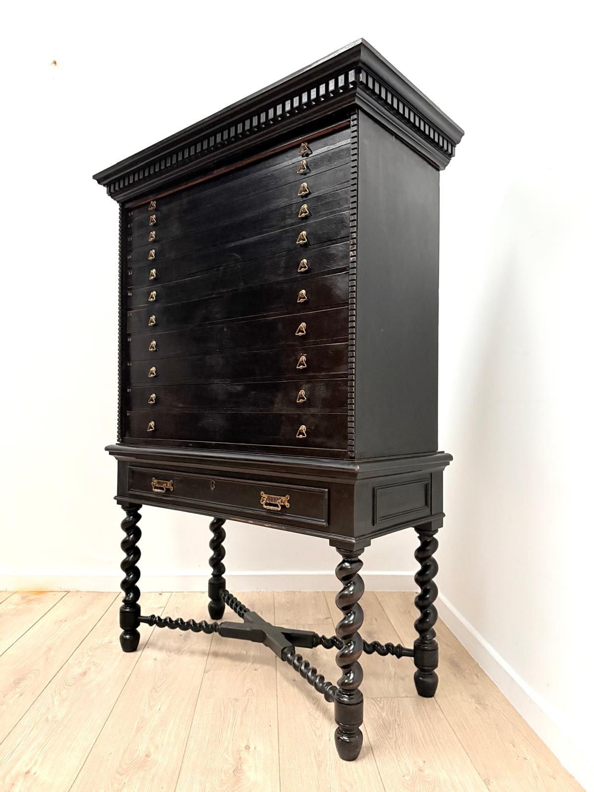 1975.0 Ebonised Jewelry, Specimen Chest Spiral Turned Legs Delivery Available 0010. photo