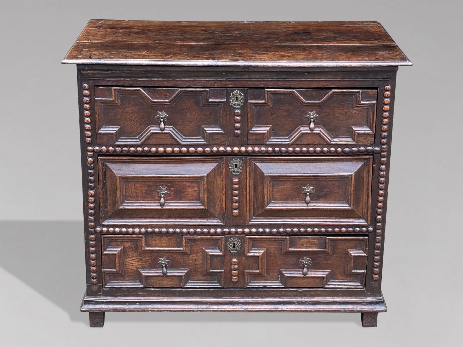 17th Century Charles II Period Jacobean Oak Geometric Chest Of Drawers
