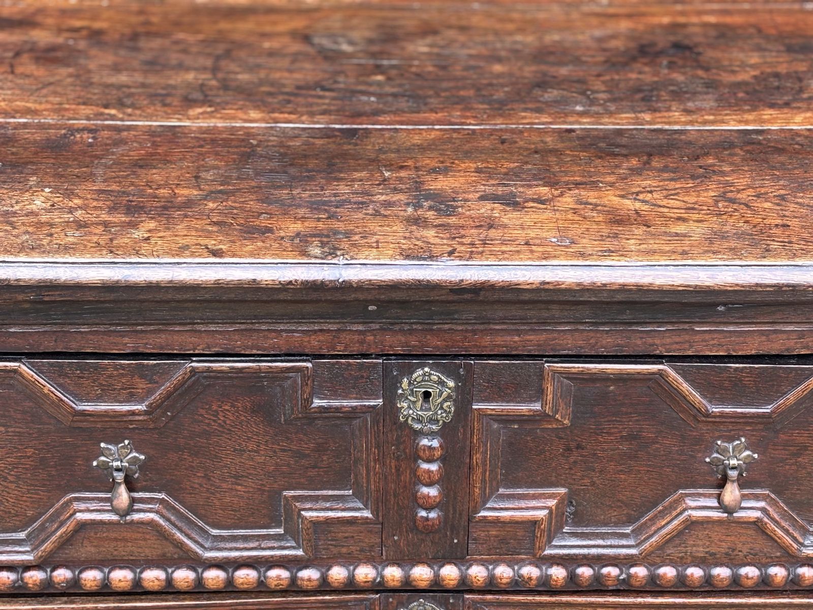 photo furniture 17th Century Charles II Period Jacobean Oak Geometric Chest Of Drawers