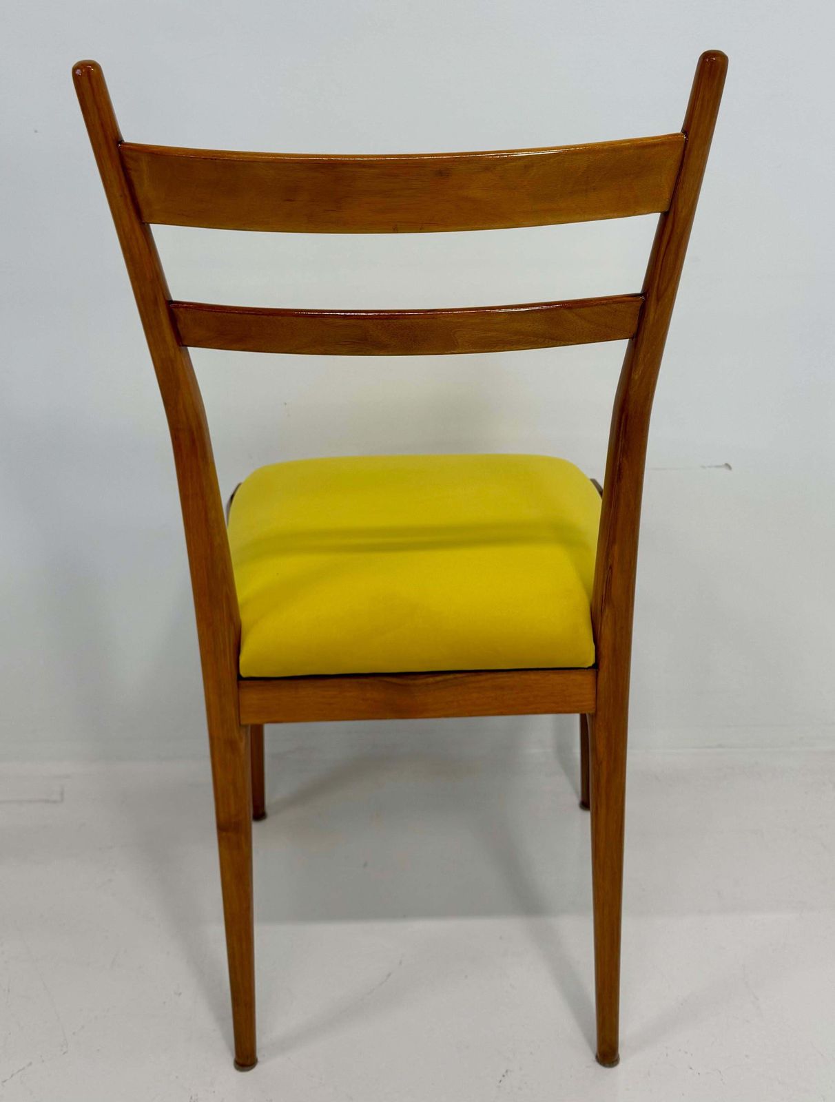 Set Of Six Italian Art Deco Walnut Chairs With Colorful Velvet Seats, 1950s photo for sale