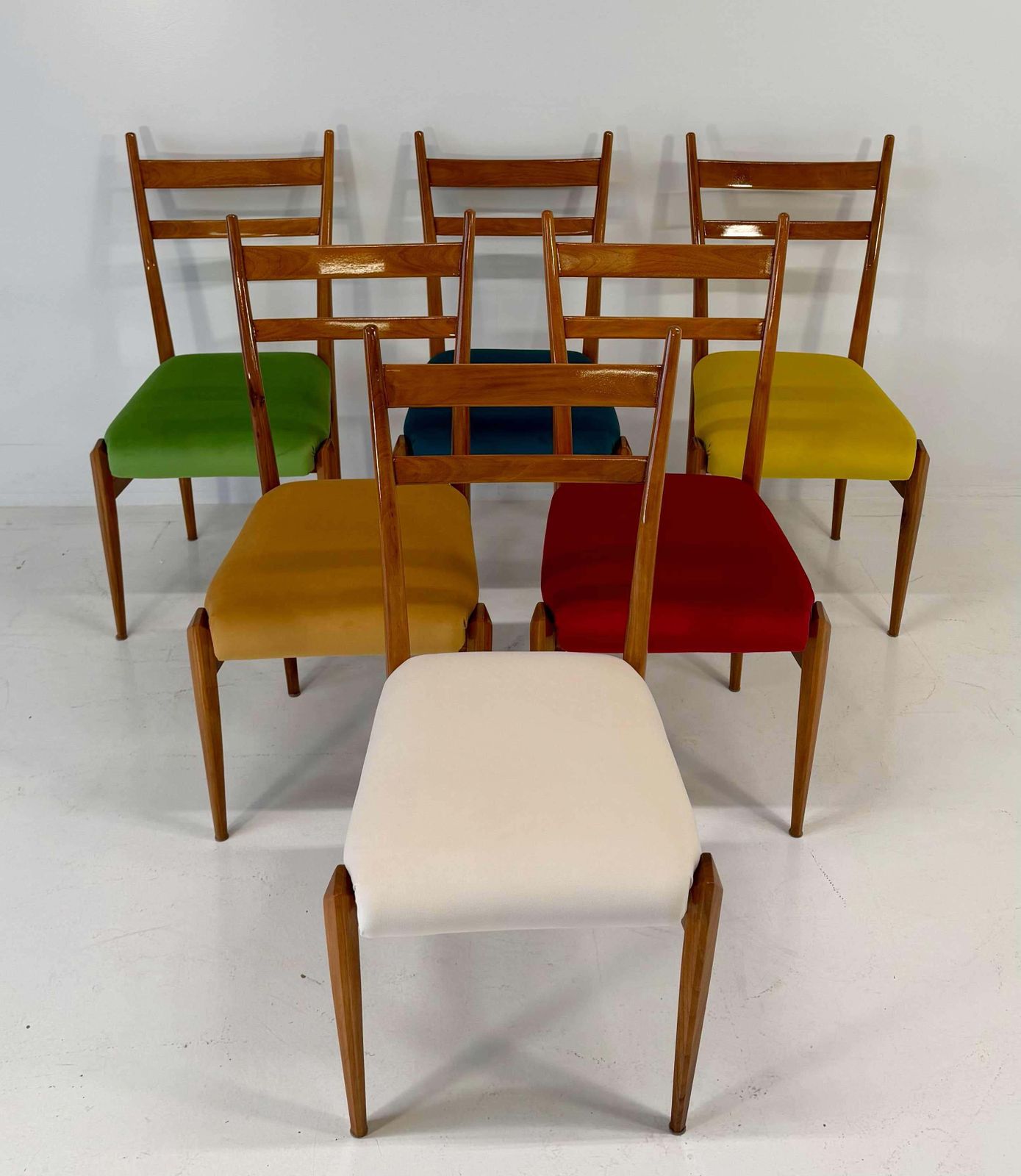 Set Of Six Italian Art Deco Walnut Chairs With Colorful Velvet Seats, 1950s photo vintage