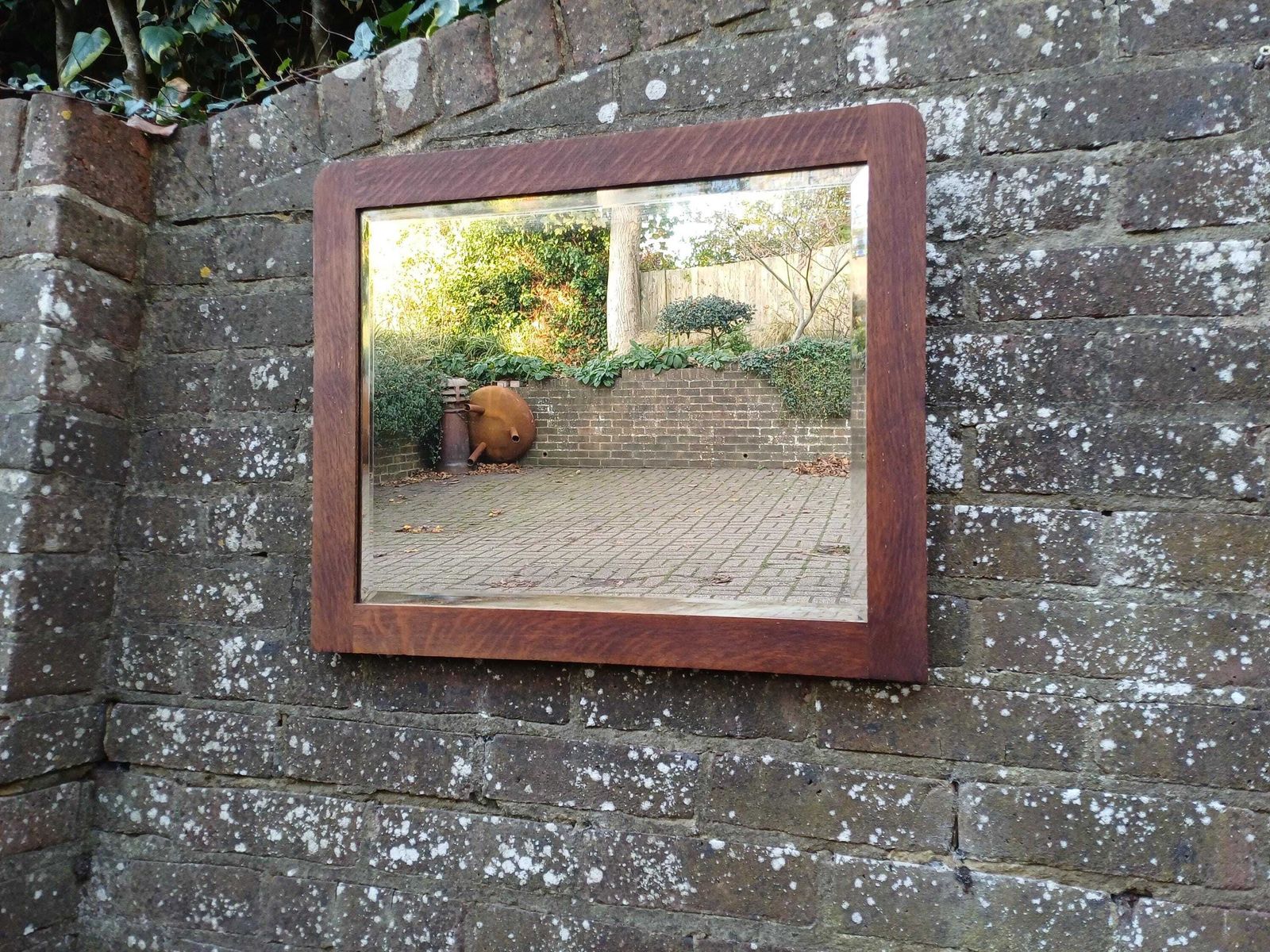 photo for sale 1930s Art Deco Solid Oak Wall Mirror With Original Bevelled Glass, Hand Stripped Finish, Ideal For Bedrooms Hallways Living Spaces