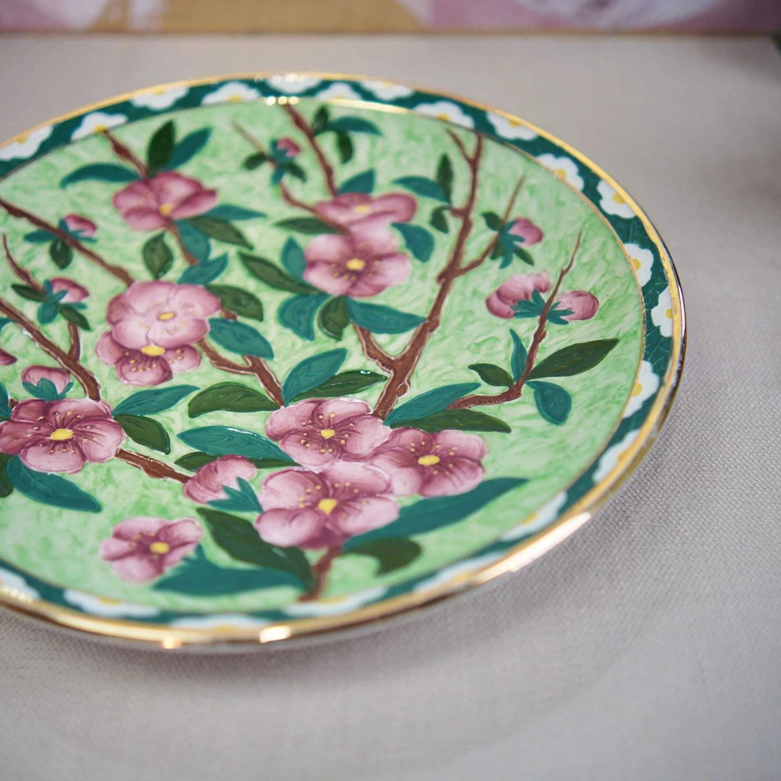 New Hall Boumier Ware Plate Lucien Boullemier Pink Blossom Art Deco Charger 29cm photo furniture